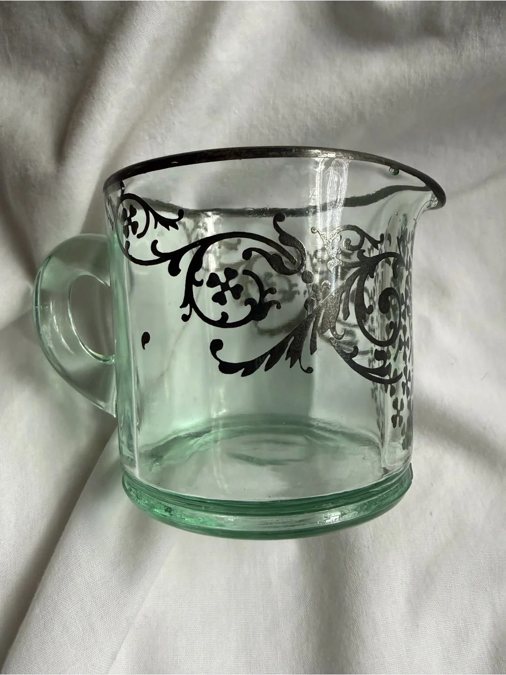 Vintage Green Glass Creamer Pitcher with sterling Silver Filigree